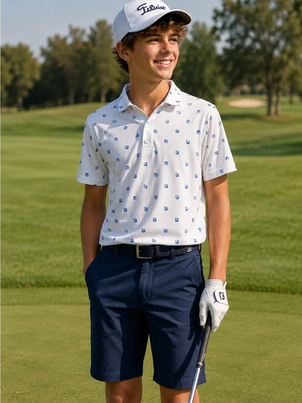 Xersion White Polo with Blue Micro Squares